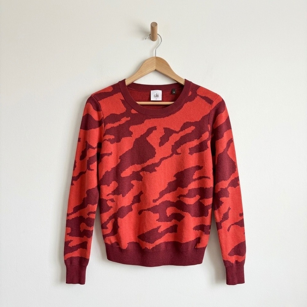Cabi 3158 Sakura Red Abstract Camo‎ Crew Neck Cotton Blend Sweater Womens Small